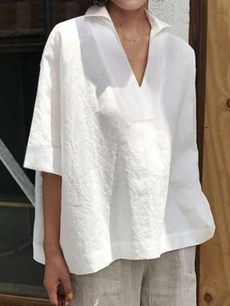 2026 Spring/Summer Amazon European and American Cross-Border V-Neck Cotton Linen Versatile Solid Color Plus Size Loose Mid-Sleeve Women's Shirt - Image 12