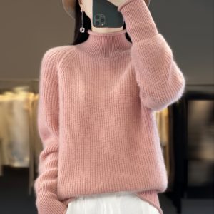 2024 Autumn/Winter New Pure Wool 7-Needle Thickened Baguette Knit Half-High Round Neck Rolled Hem Base Layer Top