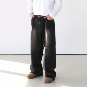 MYQ Retro Gradient Washed Jeans Men's Spring Loose Wide-leg Pants Korean Style Trendy Straight Long Pants