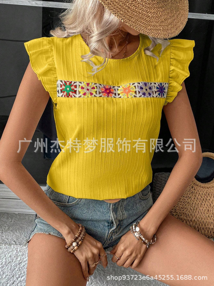 2025 European and American cross-border women's clothing Amazon independent website spring/summer new crochet hollowed-out lace short-sleeved shirt top - Image 6