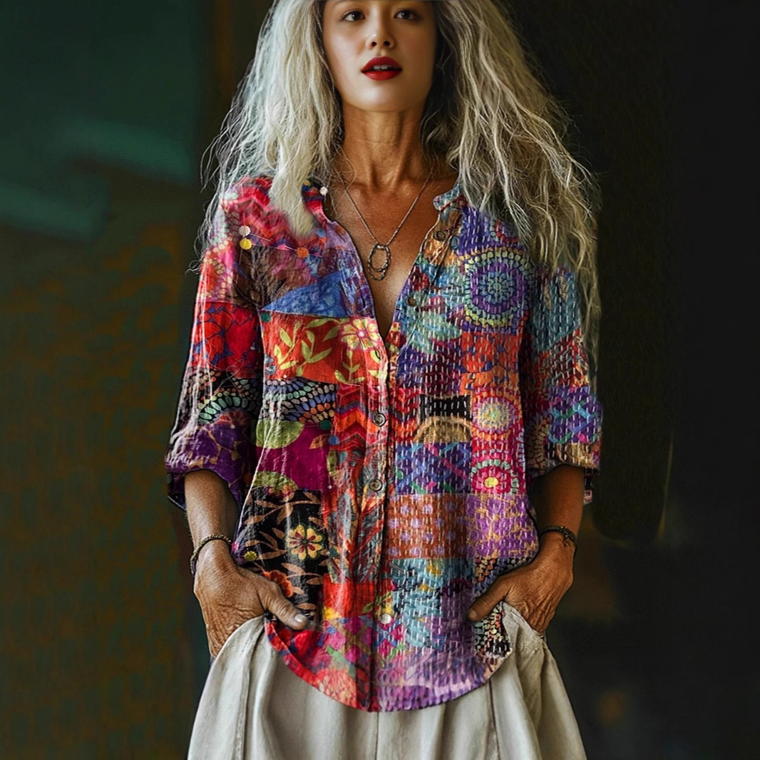 (Linen-like) 2025 European and American style women's casual floral print blouse, daisy print blouse, 3D printed blouse - Image 3