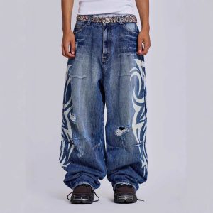 Jaded London American Retro Pattern Print Straight-Leg Washed Ripped Jeans (European and American Cross-Border)