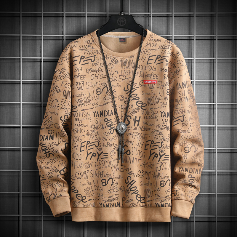 Sweater men's 2023 spring new youth fashion full print casual loose American round neck suede sweater cross-border - Image 5