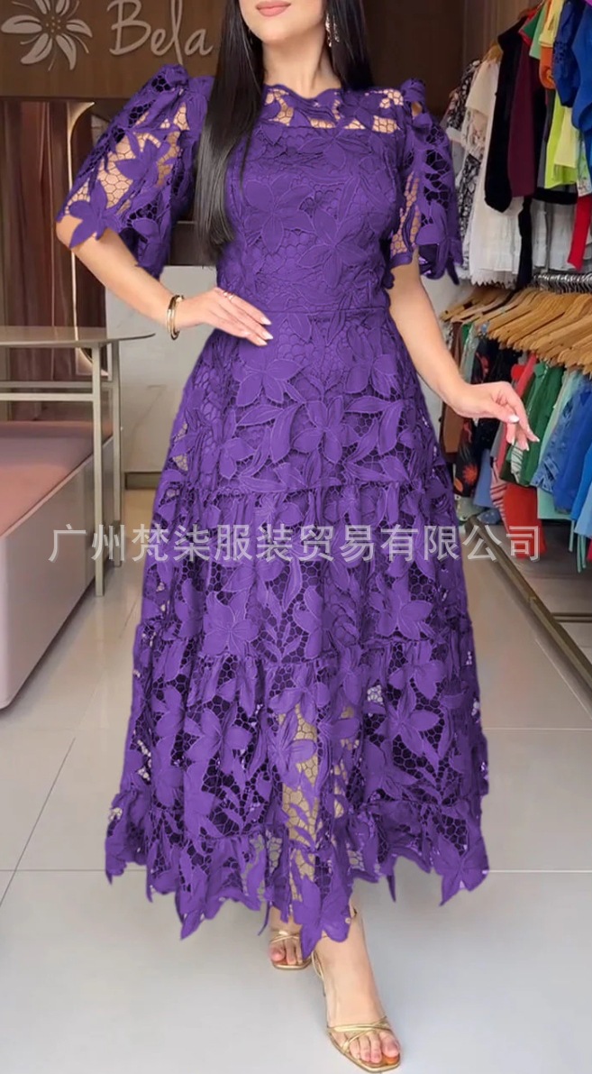 European and American cross-border e-commerce, 2025 summer Amazon independent store, elegant and fashionable heavy-duty hollowed-out lace solid color dress. - Image 6