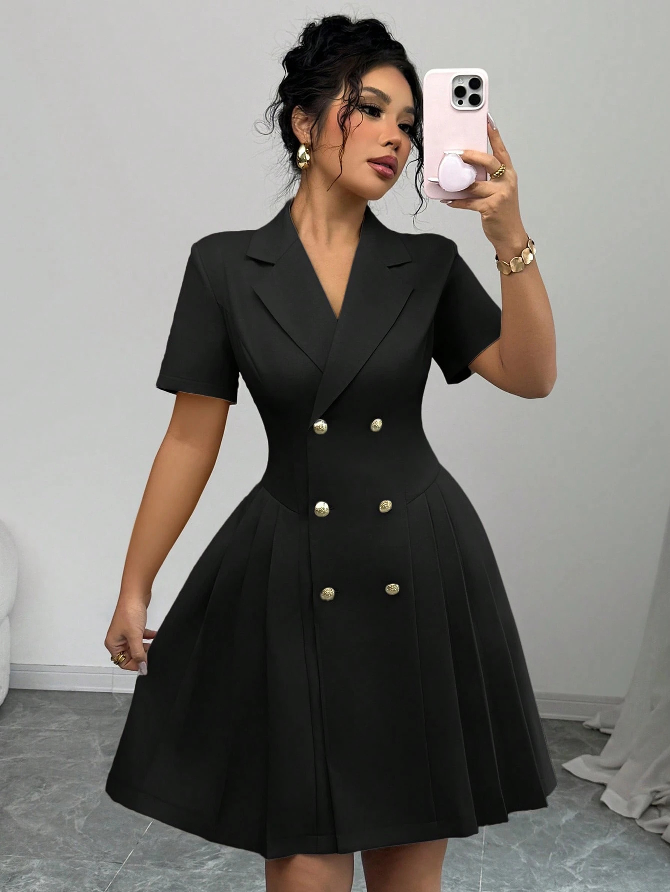 2025 Amazon AliExpress Summer New Solid Color Short-Sleeve Slim Waist Double-Breasted Dress for Women - Image 8