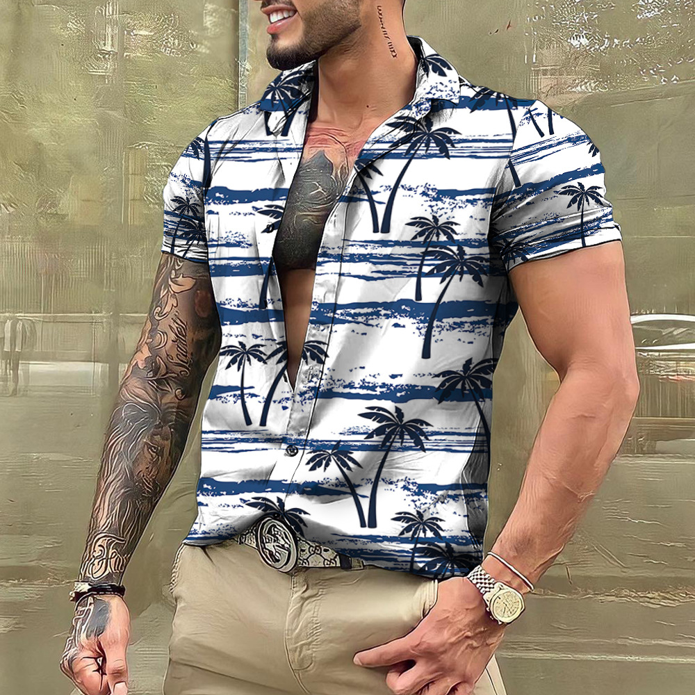 Cross-border foreign trade 2023 men's Hawaiian short-sleeved shirt men's lapel shirt holiday casual T-shirt - Image 29
