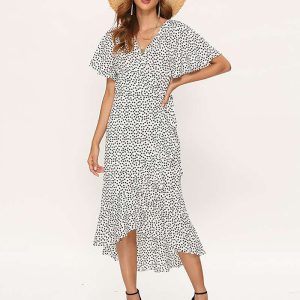 European and American summer print high waist tie V-neck sexy chiffon large swing irregular dress Amazon ebay hot sale