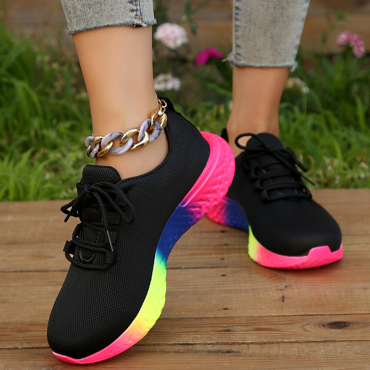 New cross-border 2023 autumn European and American large size 36~43 rainbow single shoes women's casual thick-soled lace-up sports shoes women - Image 5