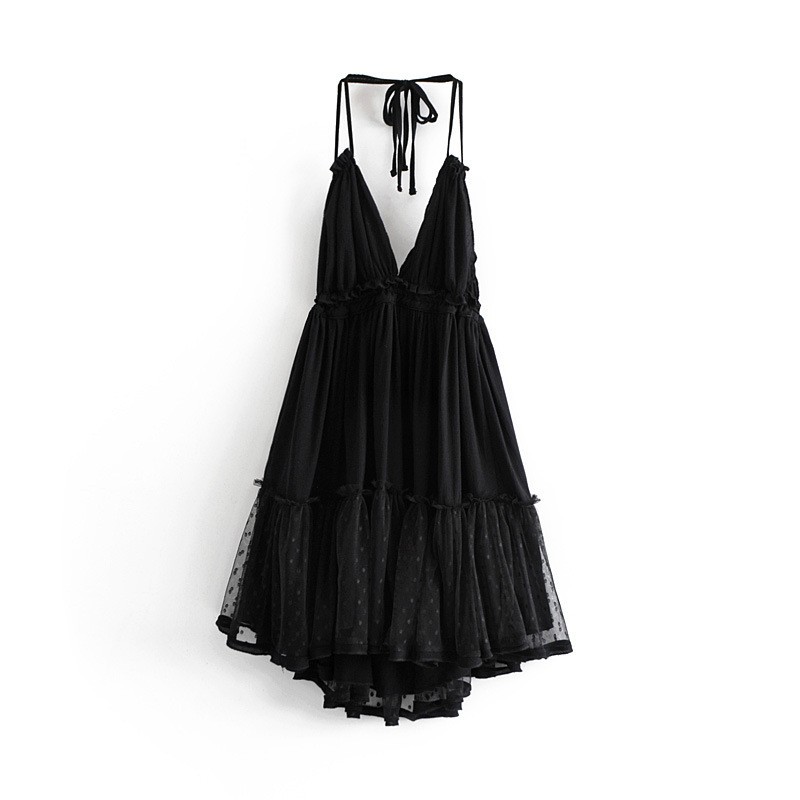 Foreign Trade 2022 Summer New European and American V-neck Waist Slim Hem Mesh Stitching Backless Suspender Dress Women - Image 3
