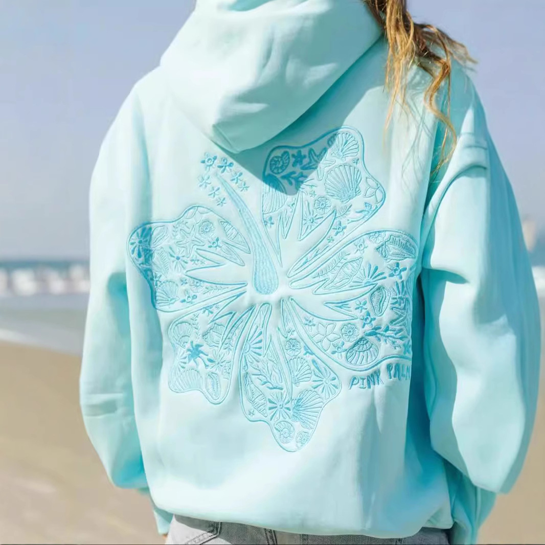 2024 New European Size Women's Drop Shoulder Sleeve Threaded Hawaii Hibiscus Brand Sweatshirt Hoodie Print - Image 2