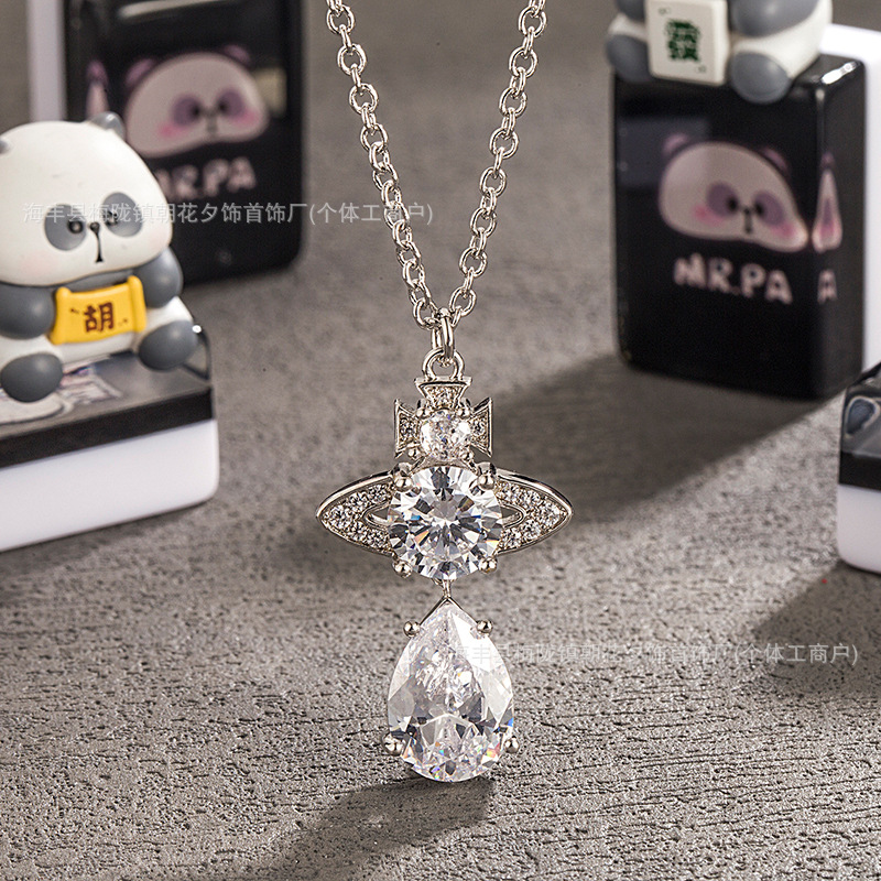 High-quality, thick gold-plated, Xijia Empress Dowager Saturn element mermaid tears multi-colored diamond teardrop long necklace for women. - Image 12