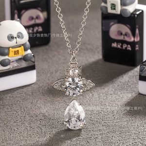 High-quality, thick gold-plated, Xijia Empress Dowager Saturn element mermaid tears multi-colored diamond teardrop long necklace for women.