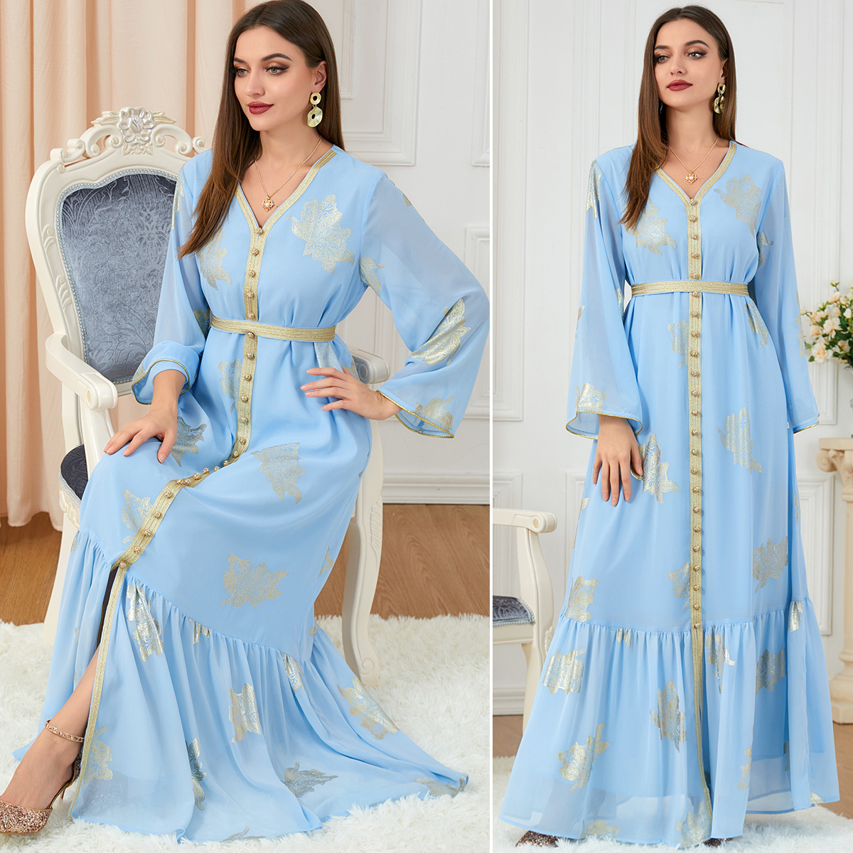 3203 Dress Autumn Women's Fashion 2022 New Arrivals Foreign Trade Women's Fashion Long-sleeved Foil Stamping Dress Wholesale - Image 4