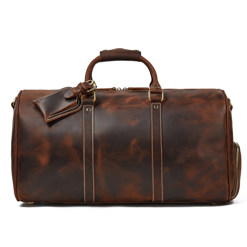 Retro Crazy Horse Leather Travel Bag for Men, Genuine Leather Luggage Bag, 20-inch Large Capacity Handbag with Shoe Compartment, Gym Bag - Image 7