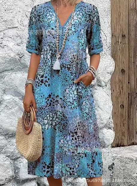 2025 European and American Fashion Cross-border New Casual Vacation Long Dress with Pockets and Lace Trim V-neck Short Sleeve Dress for Women - Image 10