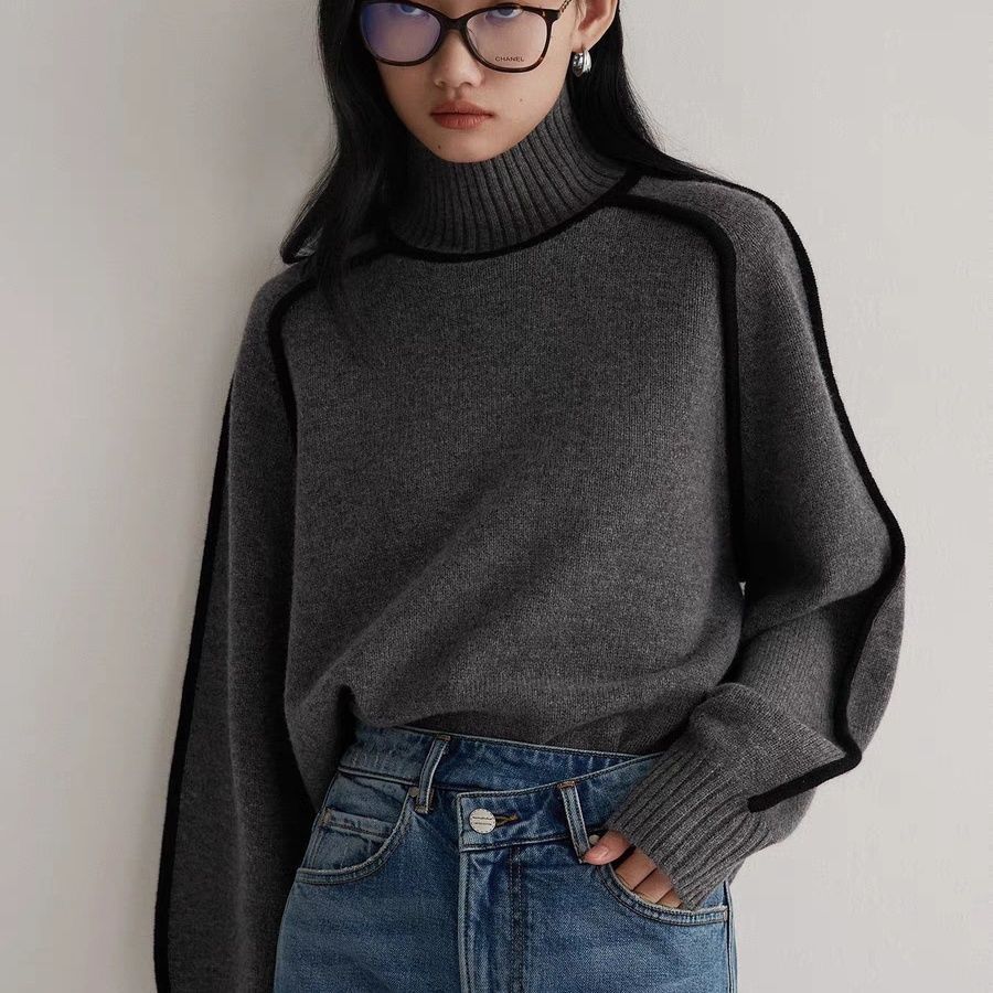 Cross-border trade women's sweater, fashionable high neck, raglan sleeve top, elegant ribbed base knitwear for women - Image 3