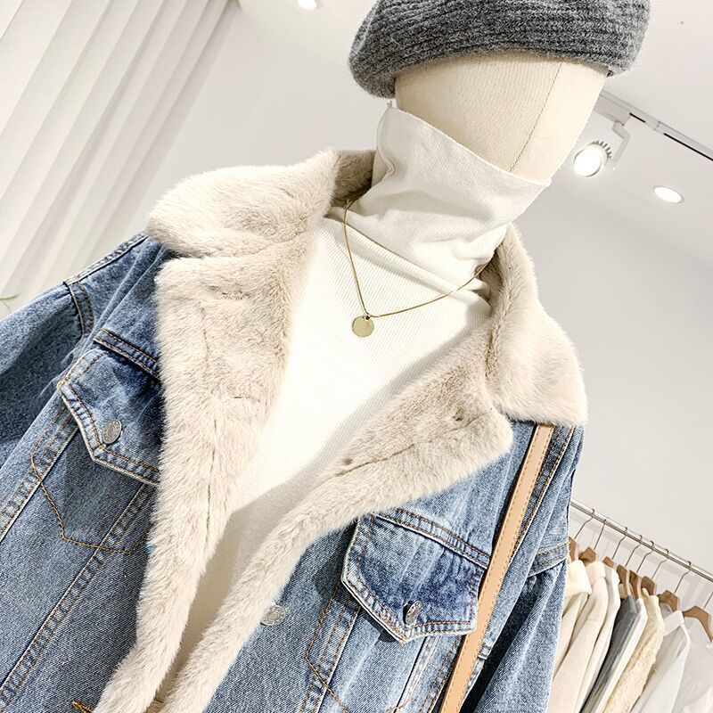 2023 Winter Fleece-lined Thickening Denim Jacket Women's Korean-Style Loose Lambswool Casual All-Matching Reversible Cotton-Padded Coat Fashion - Image 5