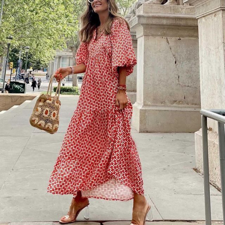 2023 Autumn New Arrival - Hot Selling Geometric Print Puff Sleeve Dress - Street Style Must-Have Plus Size Women's Clothing - Image 9