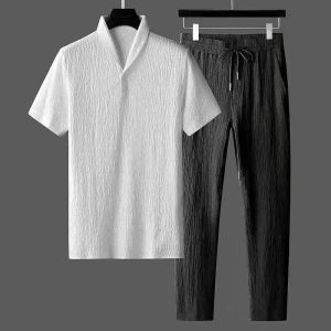 Suit Men's 2023 New Summer Thin Casual Sports Suit Men's Fashionable Short-Sleeved Trousers Trendy Light Luxury