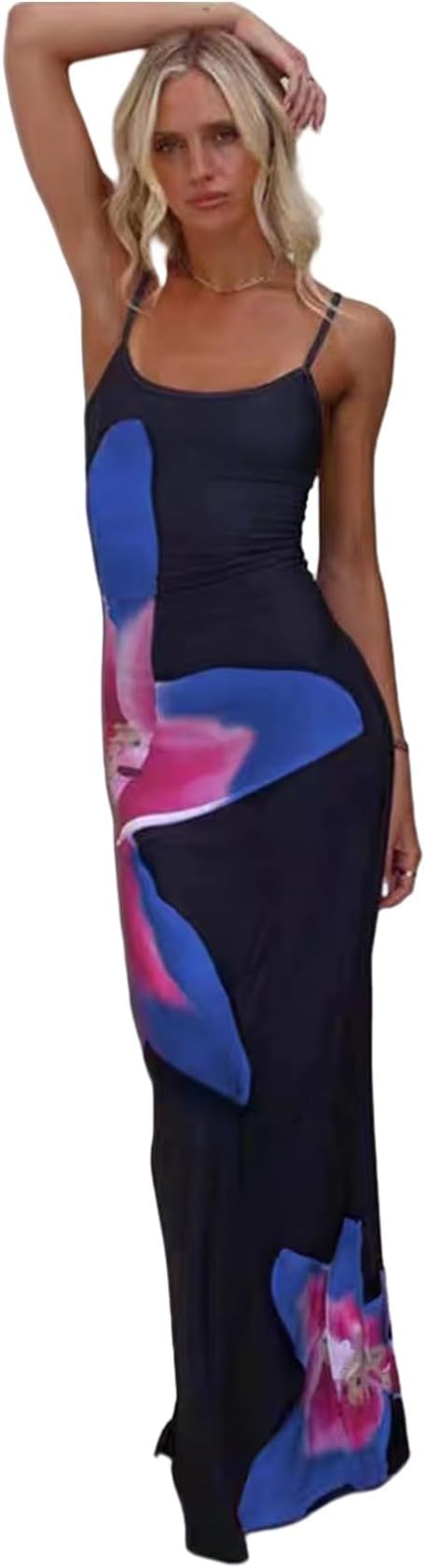 2025 autumn new elegant temperament tight low-cut contrast color rose print design one-step suspender dress - Image 15