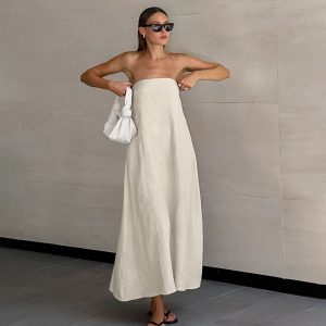 2026 Summer European and American Sexy Khaki Cotton Linen Strapless Dress for Women, Vacation Casual Ramie A-line Skirt