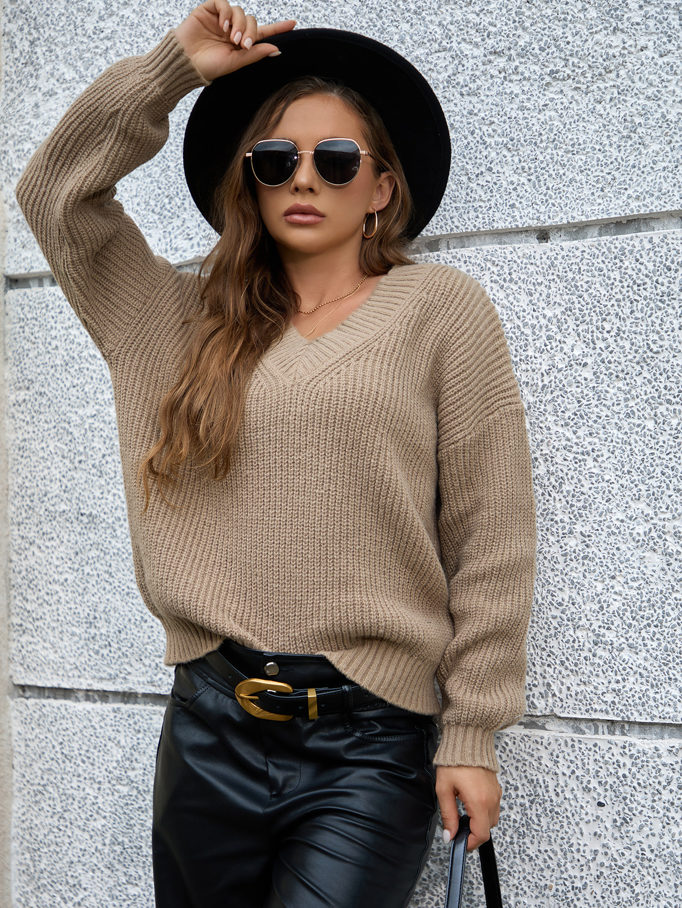 Amazon-style V-neck pullover long-sleeved sweater, cross-border foreign trade women's clothing, fashionable solid color, versatile knitted top. - Image 8