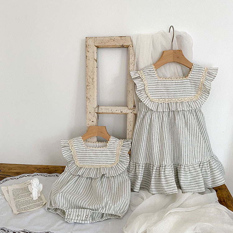 2023 new sister dress Korean version summer striped ruffles girls fashion princess dress baby crawling clothes - Image 7