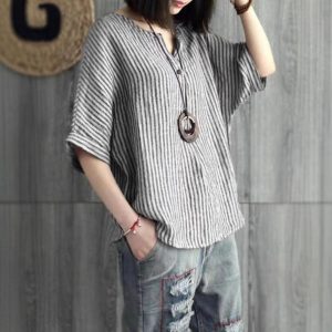 Women's Yarn-Dyed Linen Striped V-Neck Top