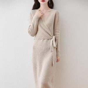 2024 Autumn/Winter New Light Luxury Pure Wool Dress Cross Neck Waist Tie-Waist Long Dress Slimming Knit Dress
