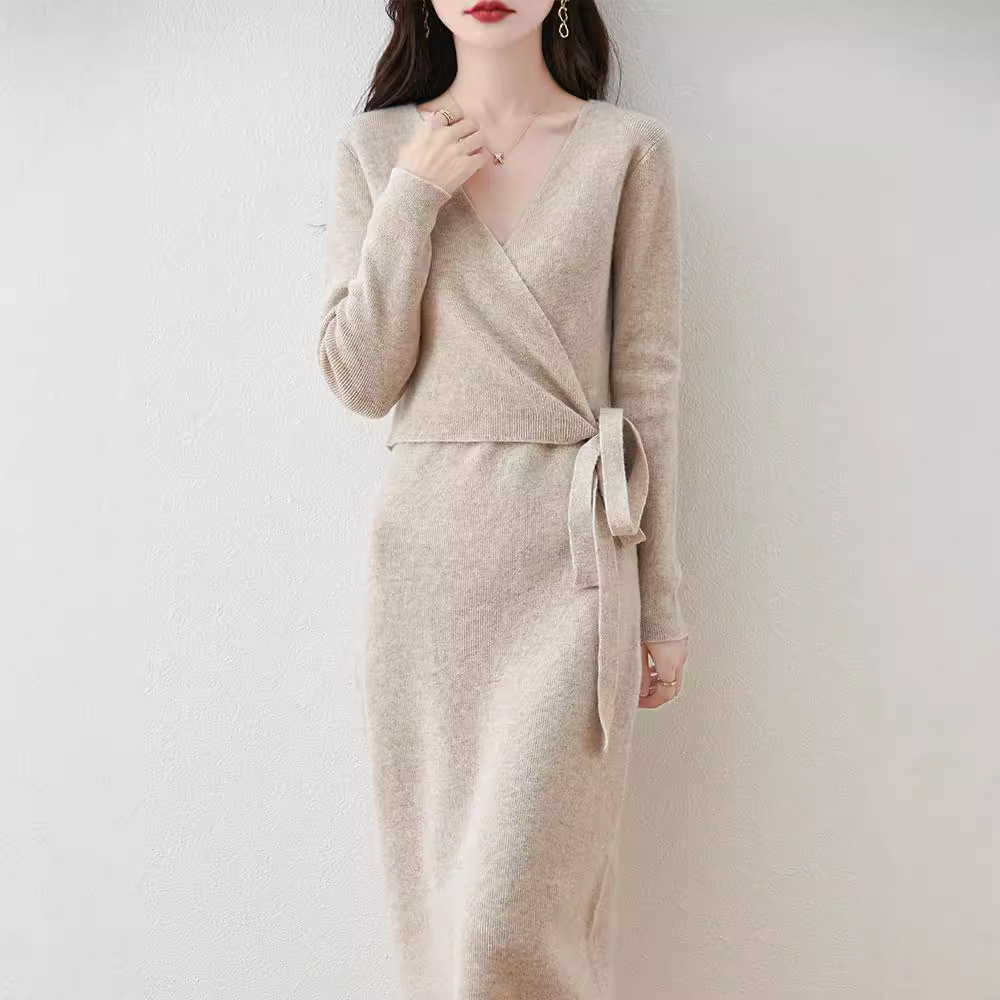 2024 Autumn/Winter New Light Luxury Pure Wool Dress Cross Neck Waist Tie-Waist Long Dress Slimming Knit Dress