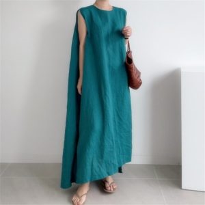 Cotton-Linen Sleeveless Dress with Side Slit