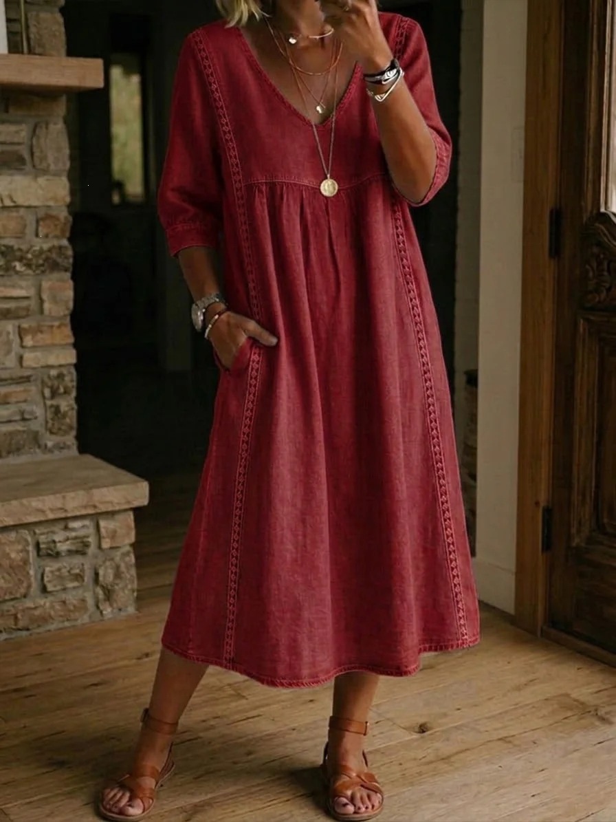 2026 Amazon New Summer European and American Style Cotton Linen V-neck Loose Fit Slimming Three-Quarter Sleeve Mid-Length Women's Dress - Image 12