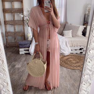 Spot goods! 2022 new cross-border women's clothing summer lace cardigan solid color holiday style dress long skirt YN/028