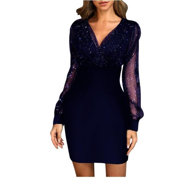 2022 European and American mesh V-neck sequined dress slim sexy dress ready for sale 0.22g - Image 2