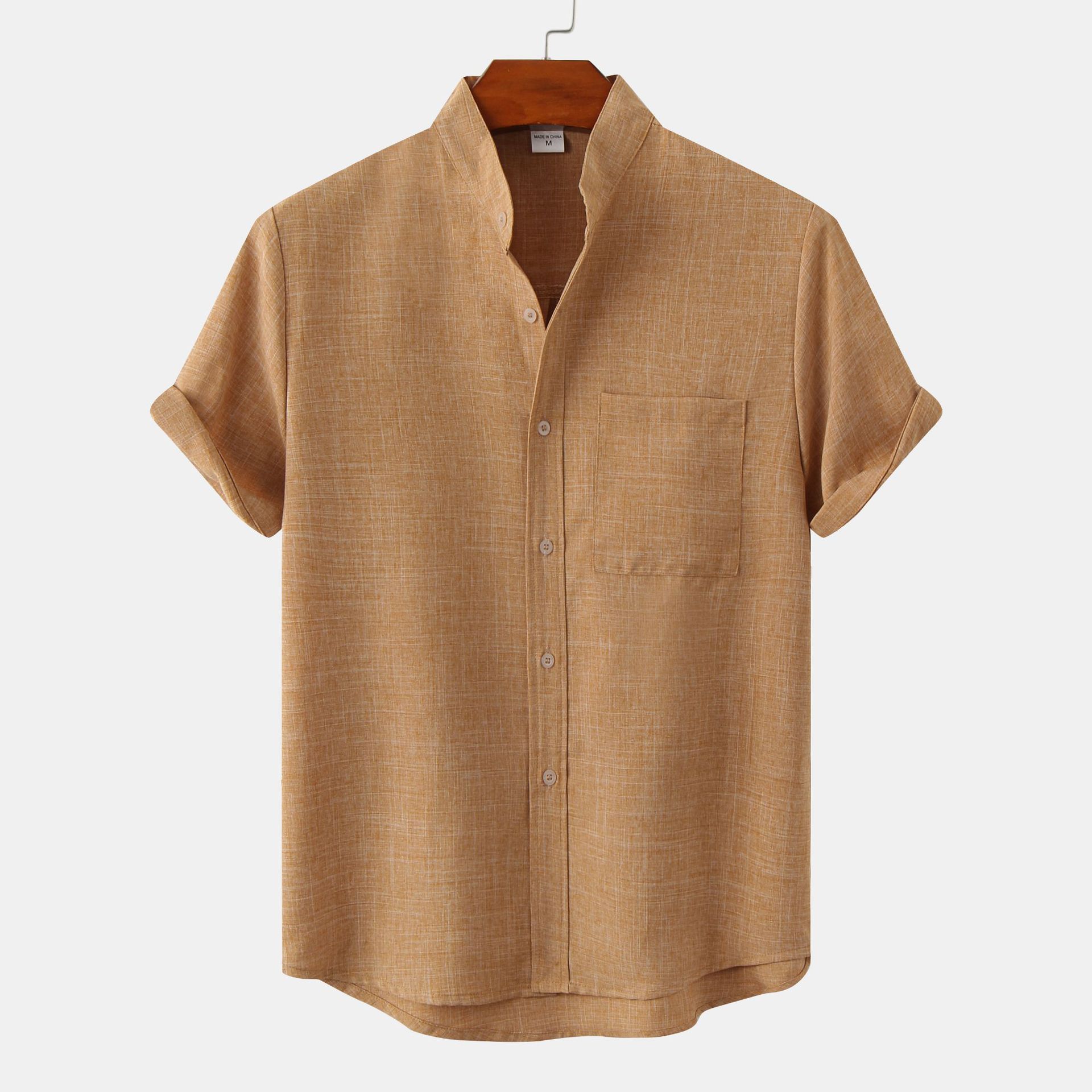 2024 Summer New Men's Wish Amazon AliExpress Hot Selling Source Short Sleeve Solid Color Cotton and Linen Men's Shirt - Image 3