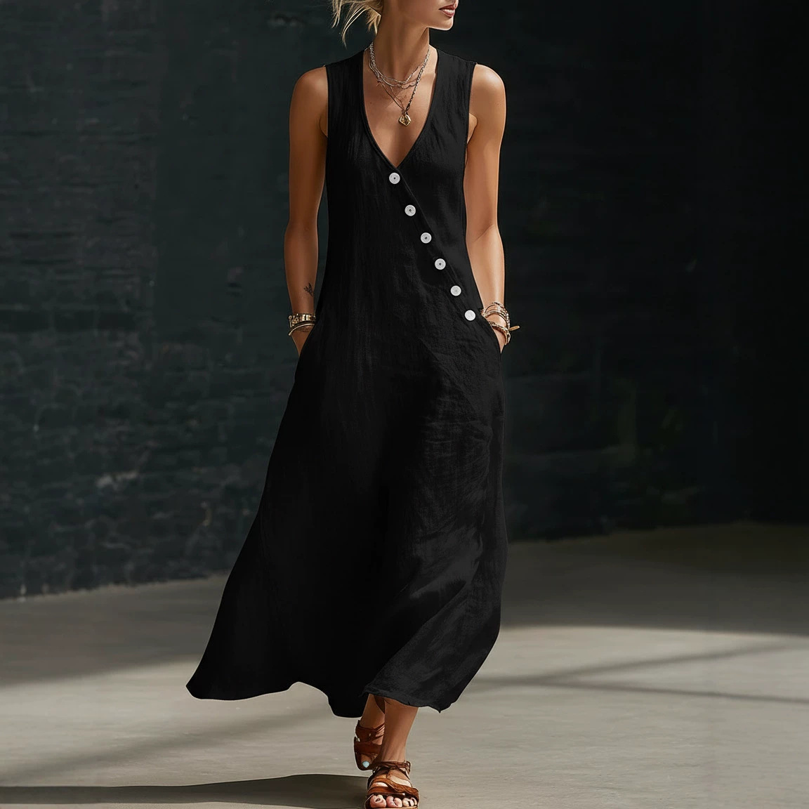 In stock Amazon summer cross-border V-neck sleeveless diagonal button vest dress long women's vacation casual dress - Image 3