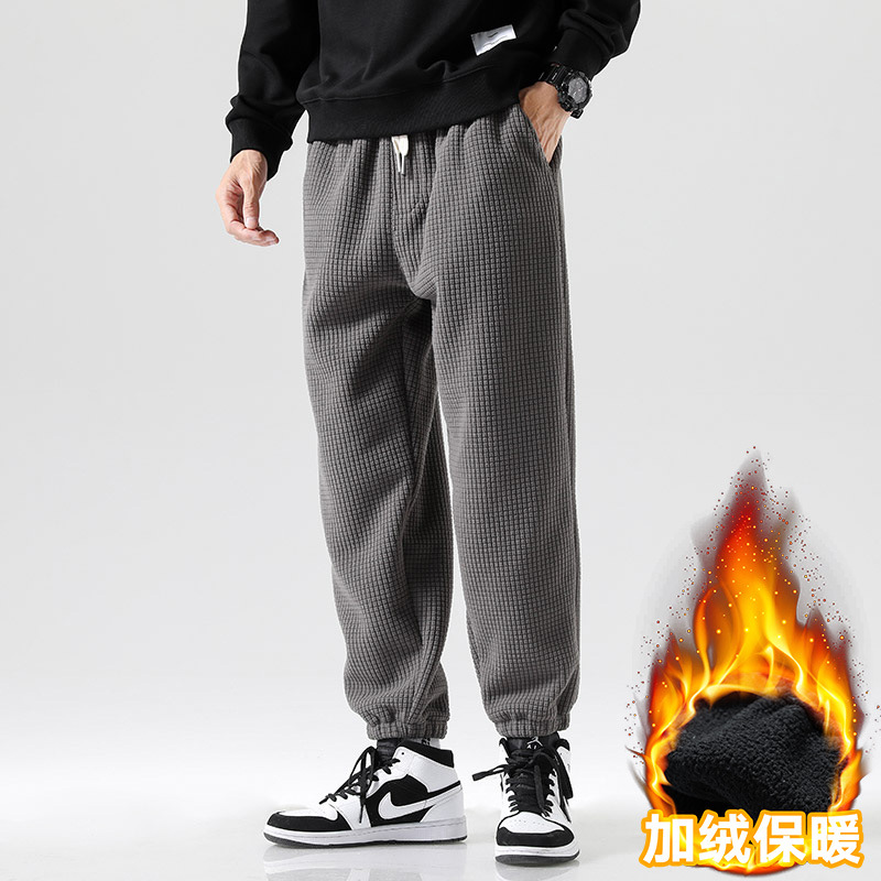 Guochao men's fleece straight-legged trousers middle-aged and young men's warm sports pants waffle thick elastic trousers tide - Image 7