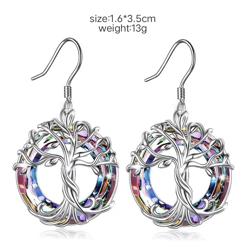 Cross-border Explosive Elegant Luxury Ladies Earrings Multicolor Crystal Tree of Life Earrings Personality Circle Imitation Crystal Earhooks - Image 2