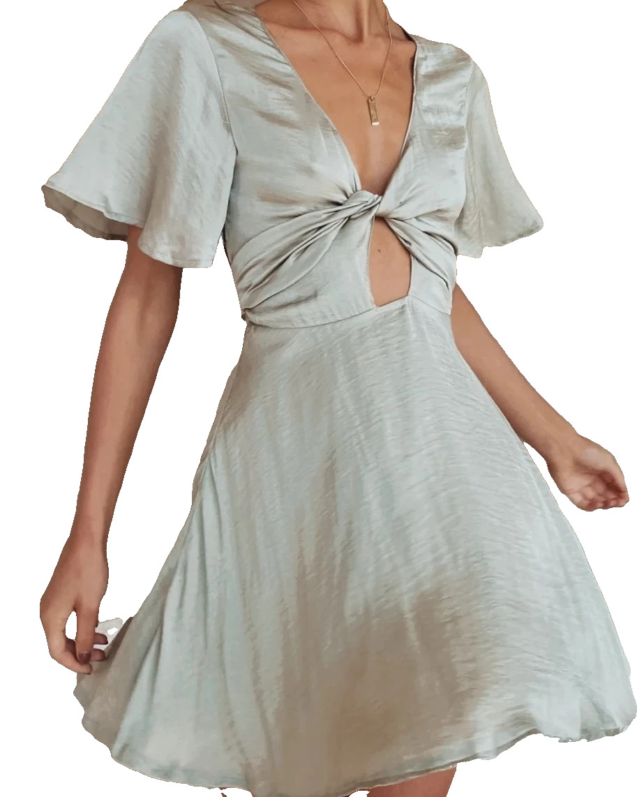 Cross-border foreign trade independent station 2021 summer new sexy women's clothing solid color short-sleeved skirt V-neck dress - Image 5