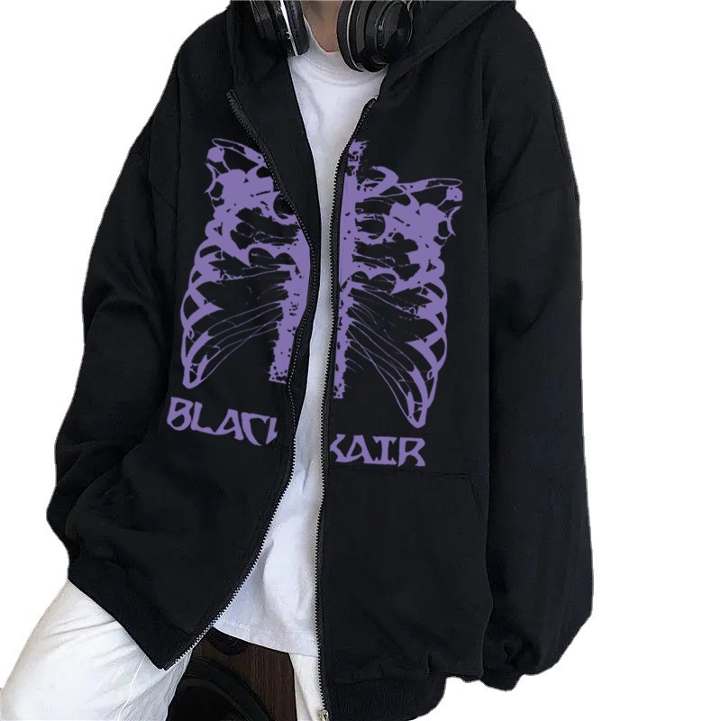 Y2K skeleton zip-up hoodie, 90s retro graphic print zip-up top, sweatshirt, sweatshirt, men's and women's. - Image 5