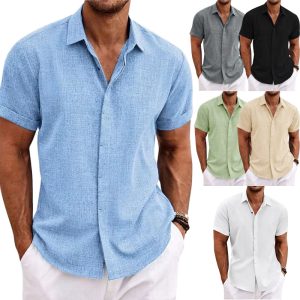 Men's linen short-sleeved T-shirt loose sweatshirt solid color short-sleeved cotton and linen shirt men's beach large size men's short-sleeved shirt
