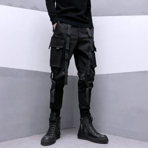 Trendy functional style tactical multi-pocket ribbon paratrooper overalls street fashion brand harem pants