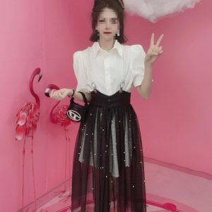 2023 spring and summer new style waist waist net gauze suspender skirt temperament lapel shirt slim suit