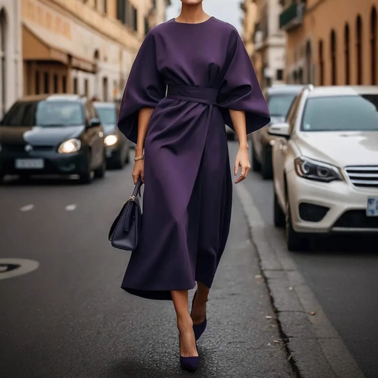 2025 Foreign Trade Women's Clothing, European and American Cross-border Fashion, Elegant Solid Color Waist-cinching Dress, Casual Batwing Sleeve Long Skirt - Image 3