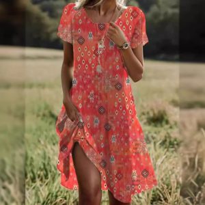 Cross-border Amazon AliExpress independent website summer hot-selling literary and ethnic style large round neck mid-length dress