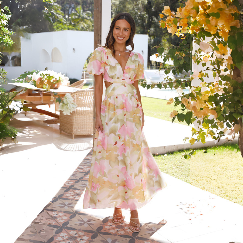 Cross-border European and American foreign trade independent station 2024 spring and summer new fresh and elegant floral large swing backless design dress - Image 2