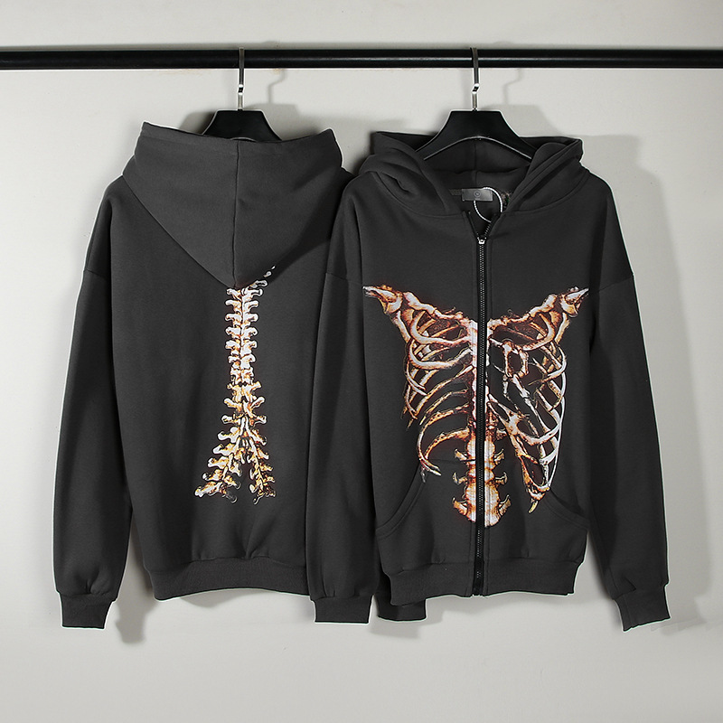 2022 European and American High Street Hip Hop Retro Skeleton Destroyed Printed Cardigan Jacket Couple Style Plus Velvet Loose Hoodie - Image 4