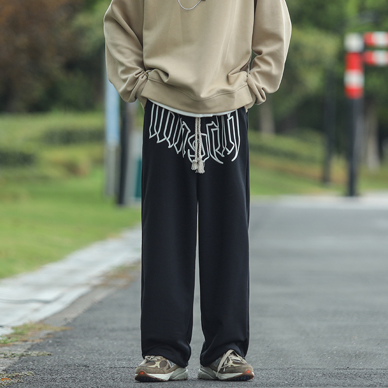 Fashion brand retro printed letter straight pants men's spring and autumn Hong Kong style casual personality hip-hop mopping wide-leg long pants - Image 7