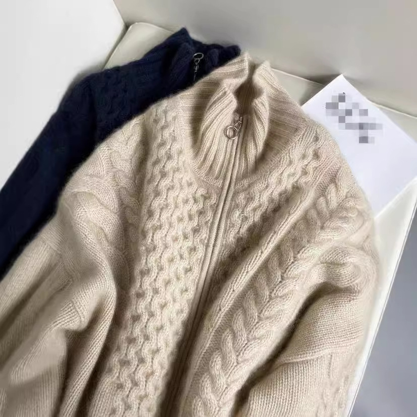 Factory direct wholesale heavyweight 100% wool cardigan, high neck, twisted knit, zipper, warm knitted wool cardigan for women, in stock. - Image 5