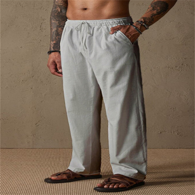 Cross-border European and American style men's linen drawstring solid color breathable outdoor loose casual straight leg cotton linen trousers - Image 15